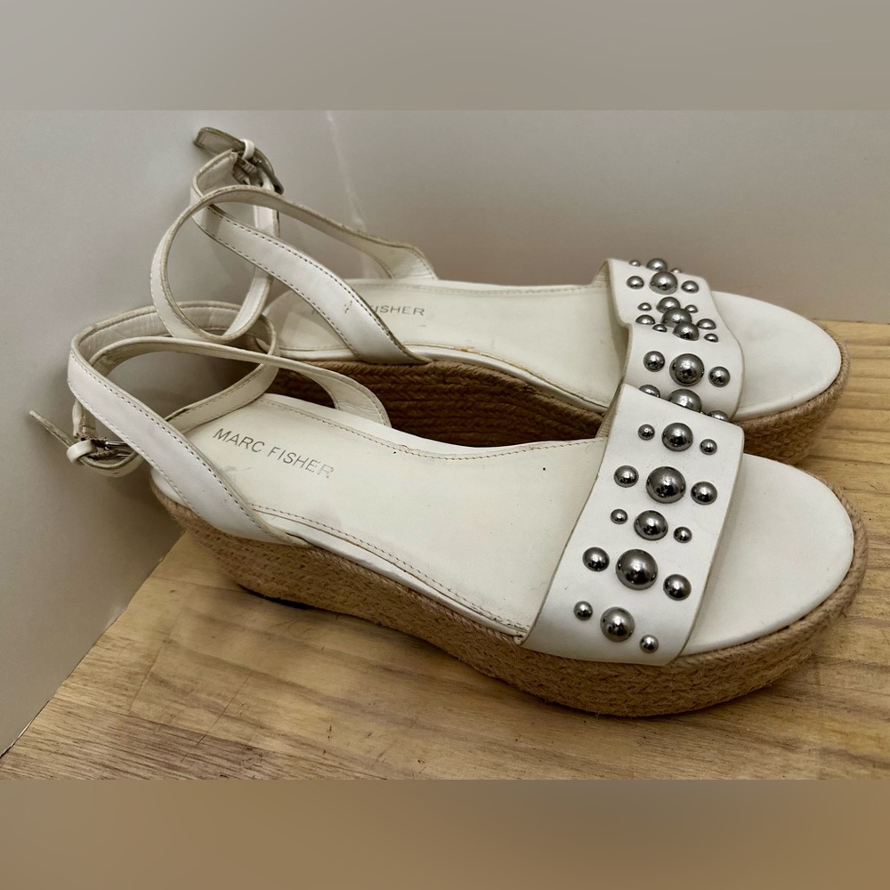 Marc Fisher White Wedge Sandals with Metallic Studs
